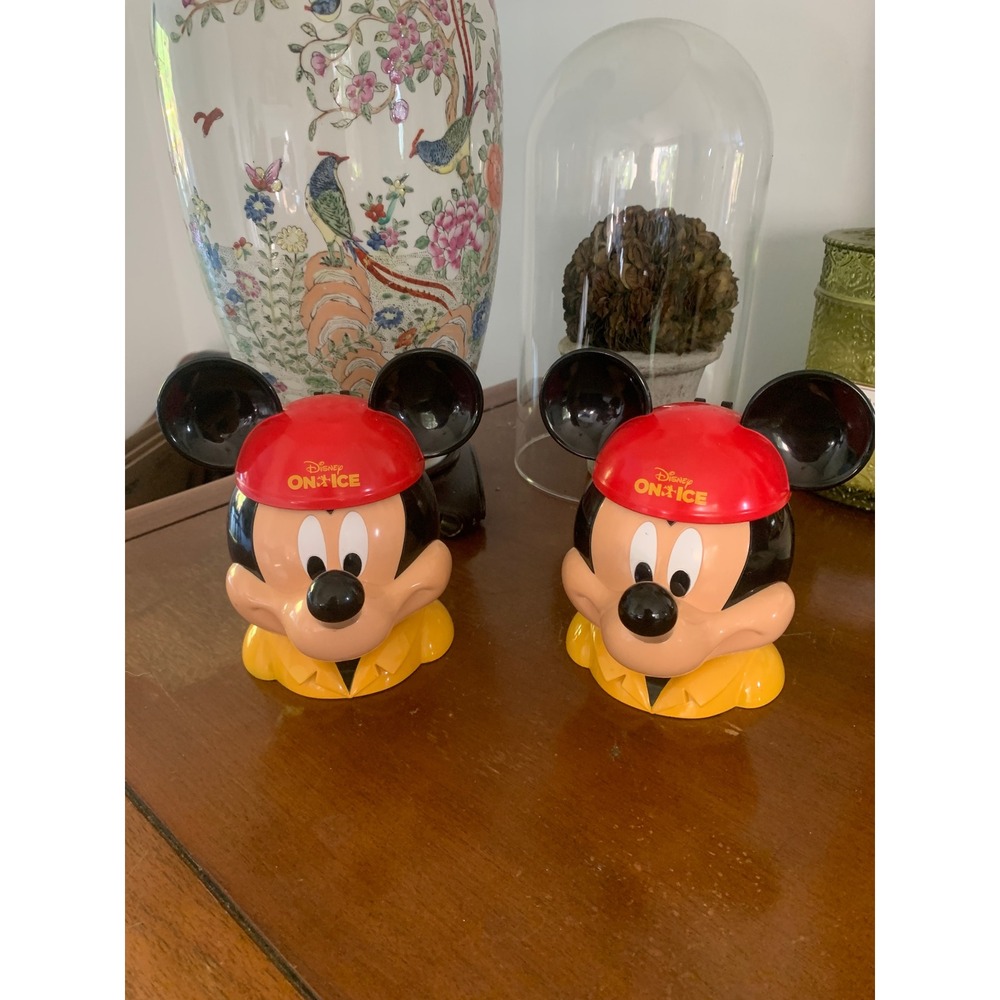 Disney On Ice Mickey Mouse Souvenir Mugs Set of 2 Plastic Flip Top Lid 6.5in